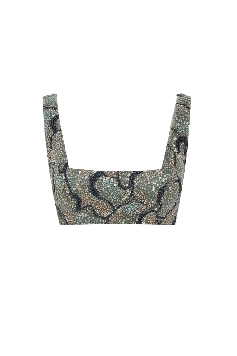 Teal Green Sequin Beaded Square Neck Crop Top
