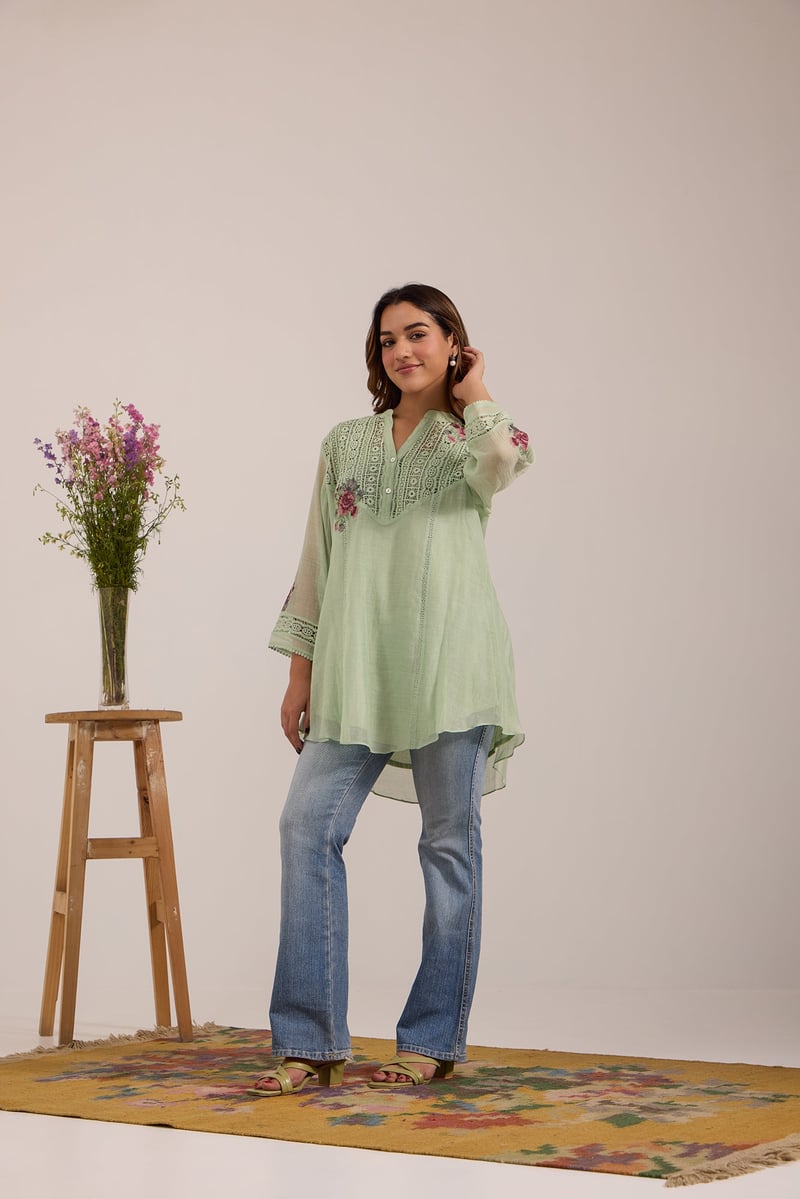 Sea Green Mul Chanderi Lace Yoke Tunic Pant Co-ord Set