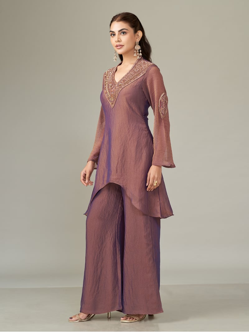 Antique Plum Shimmer Chiffon Kurta and Pant Co-ord Set