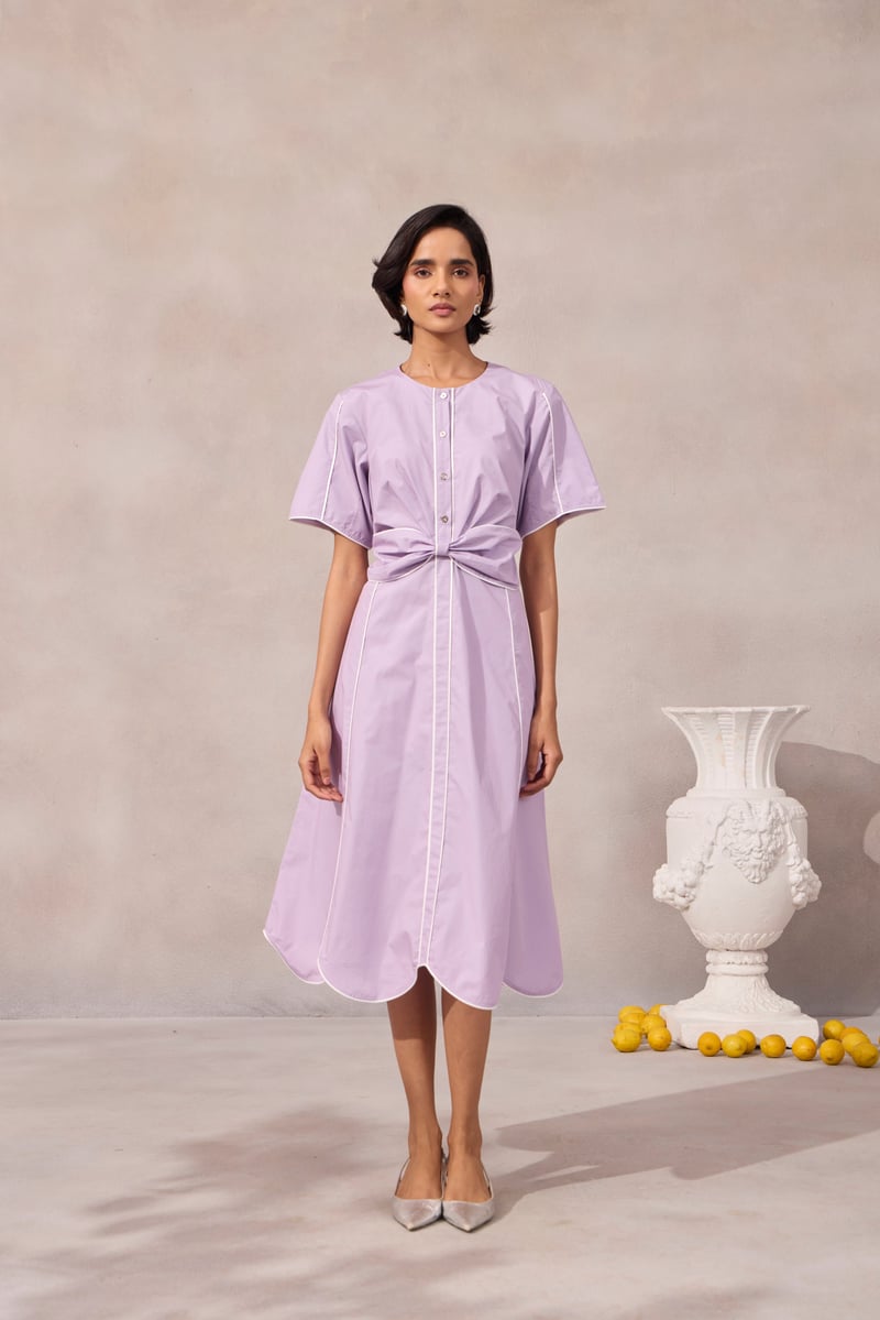 Sweet Lavender Fit and Flare Midi Dress with Piping — 63East