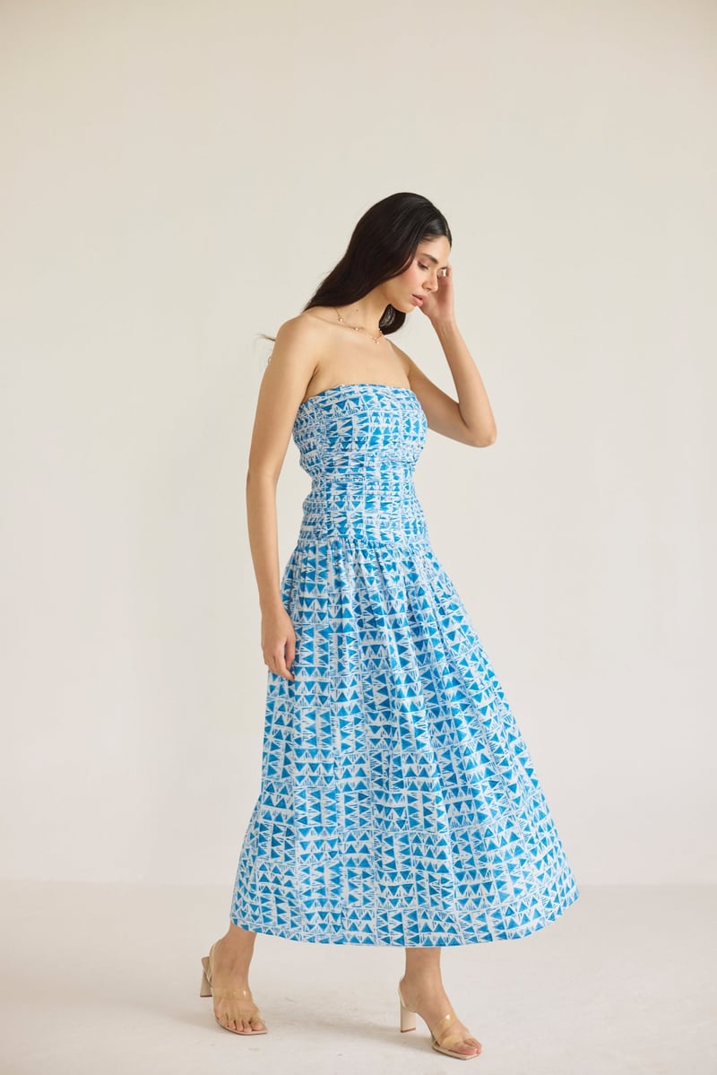 Mirabelle Blue Print Strapless Fit and Flare Midi Dress