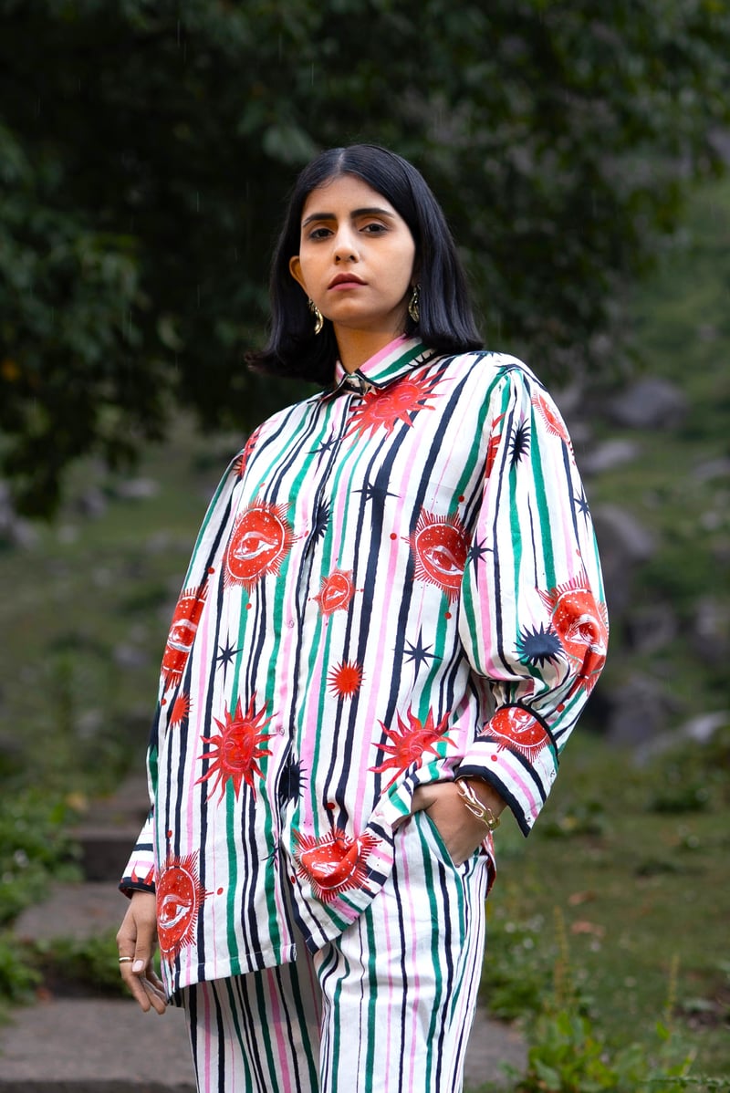 White and Green Striped Celestial Print Button-Down Shirt