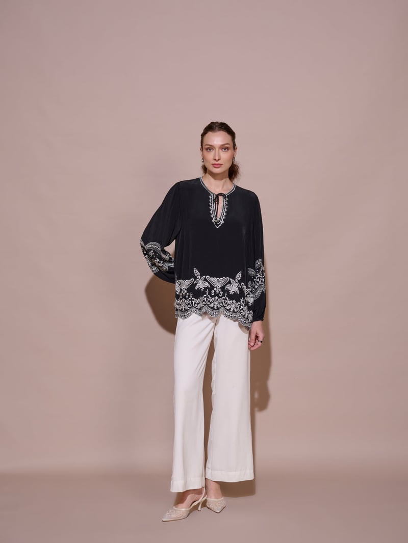 Black Embroidered Tie-Up Neck Flowy Top