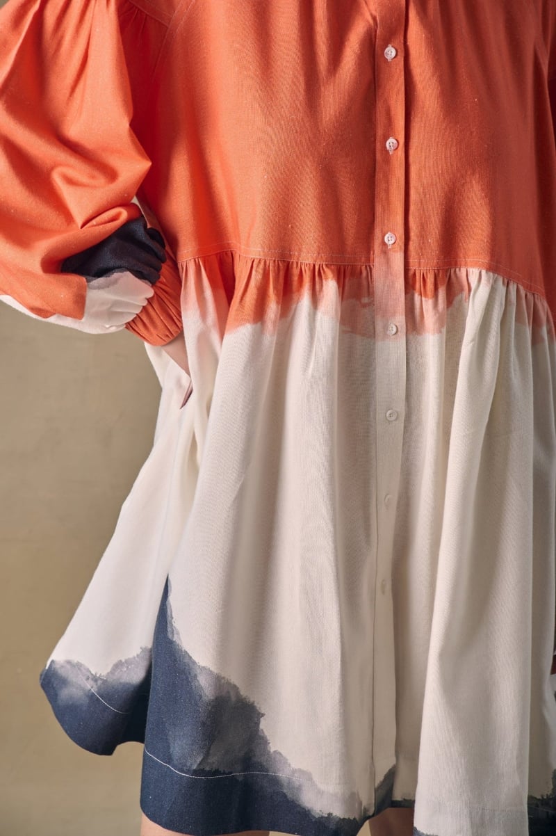 Orange Wash Printed Smock Mini Dress with Button-Down Front
