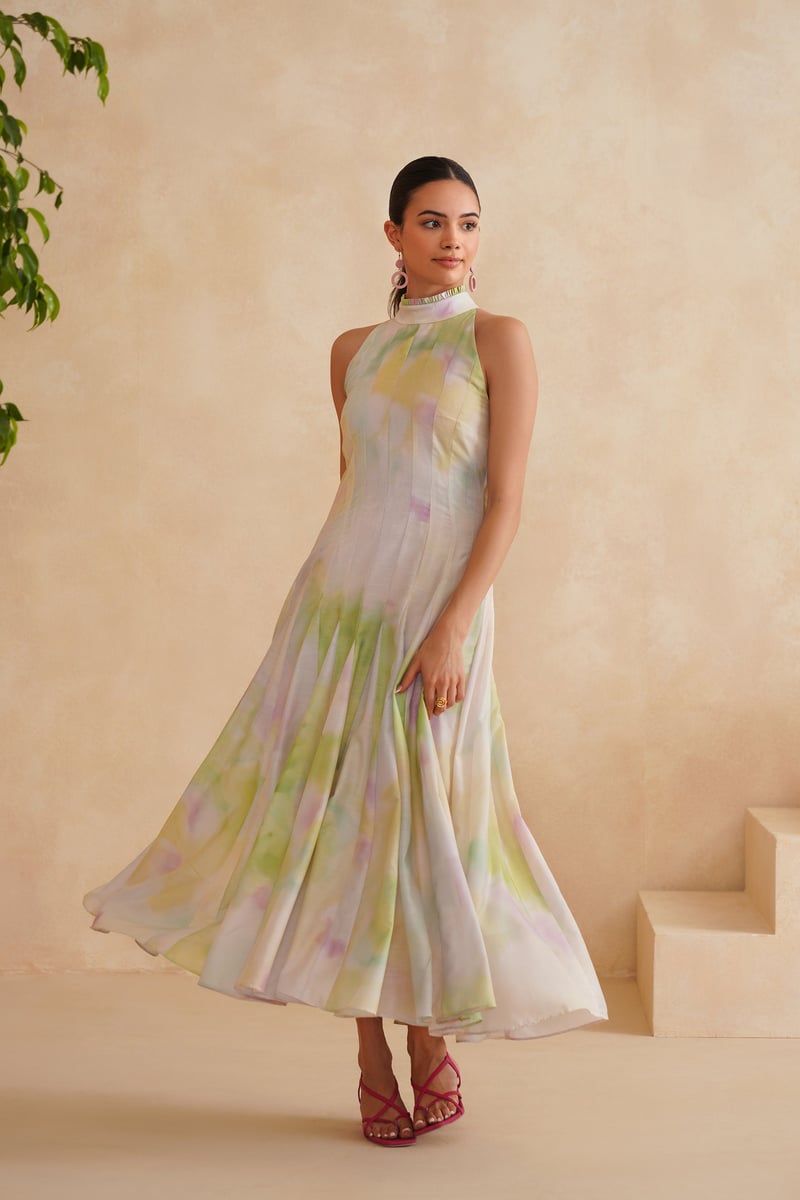 Mint Green Watercolor Print Halter Midi Dress
