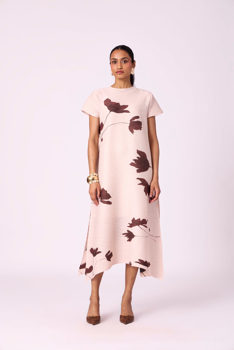 Nude Beige Pleated Floral Midi Dress — Scarlet Sage