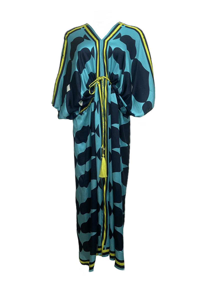 Blue Abstract Print V-Neck Kaftan with Drawstring Waist