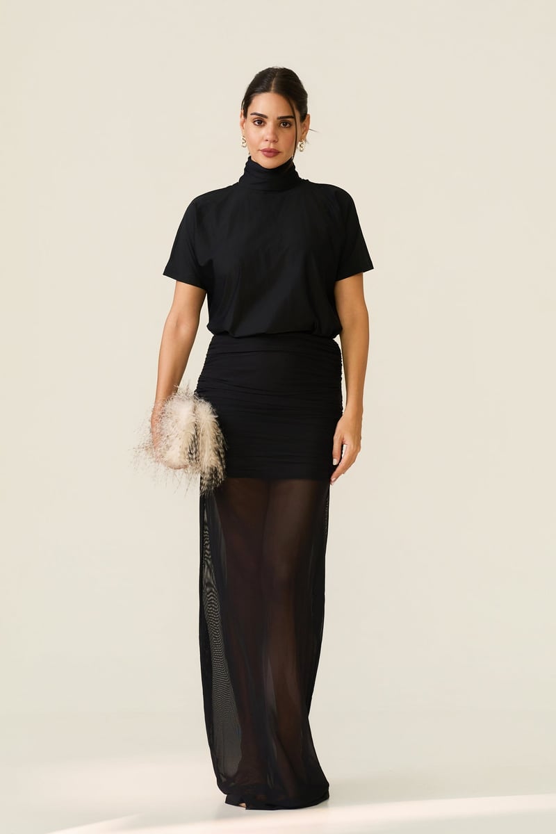 Black Turtleneck Top with Dramatic Open Cowl Back — LABEL FROW