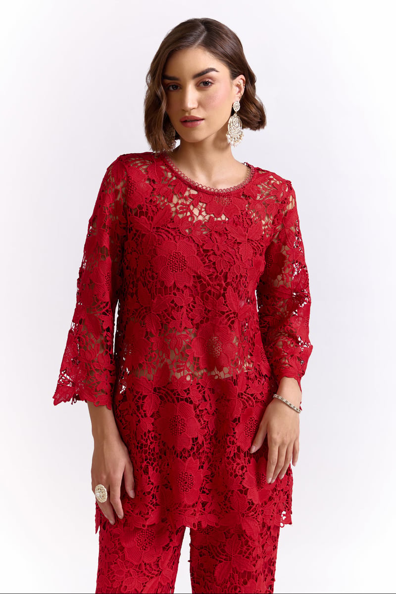 Red Lace Top and Wide-Leg Pants Co-ord Set