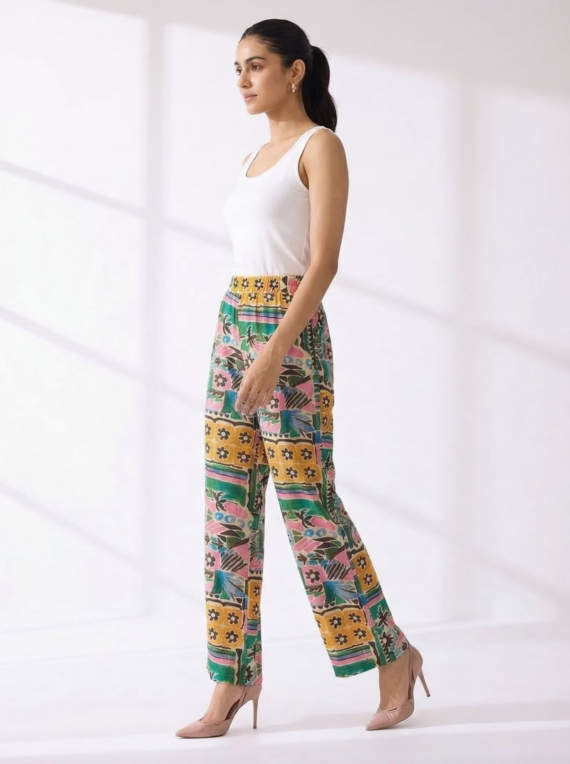 VIZON Printed High-Rise Straight-Leg Trousers