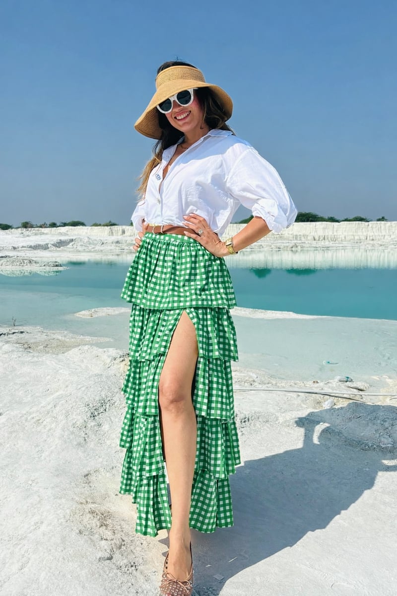 Green Gingham Tiered Maxi Skirt with Front Slit