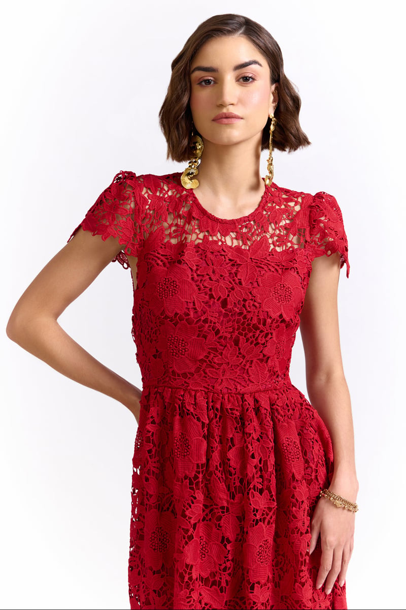 Red Lace Fit and Flare Midi Dress