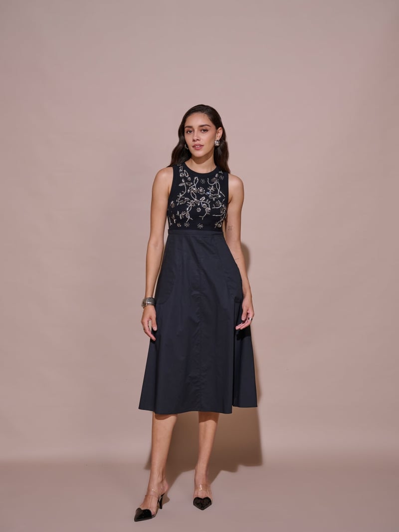 Black Embellished Ribbed Bodice Fit and Flare Midi Dress — Style Island