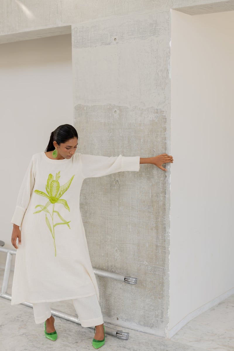 White Cotton Embroidered Kurta Set with Pants — Silai studio