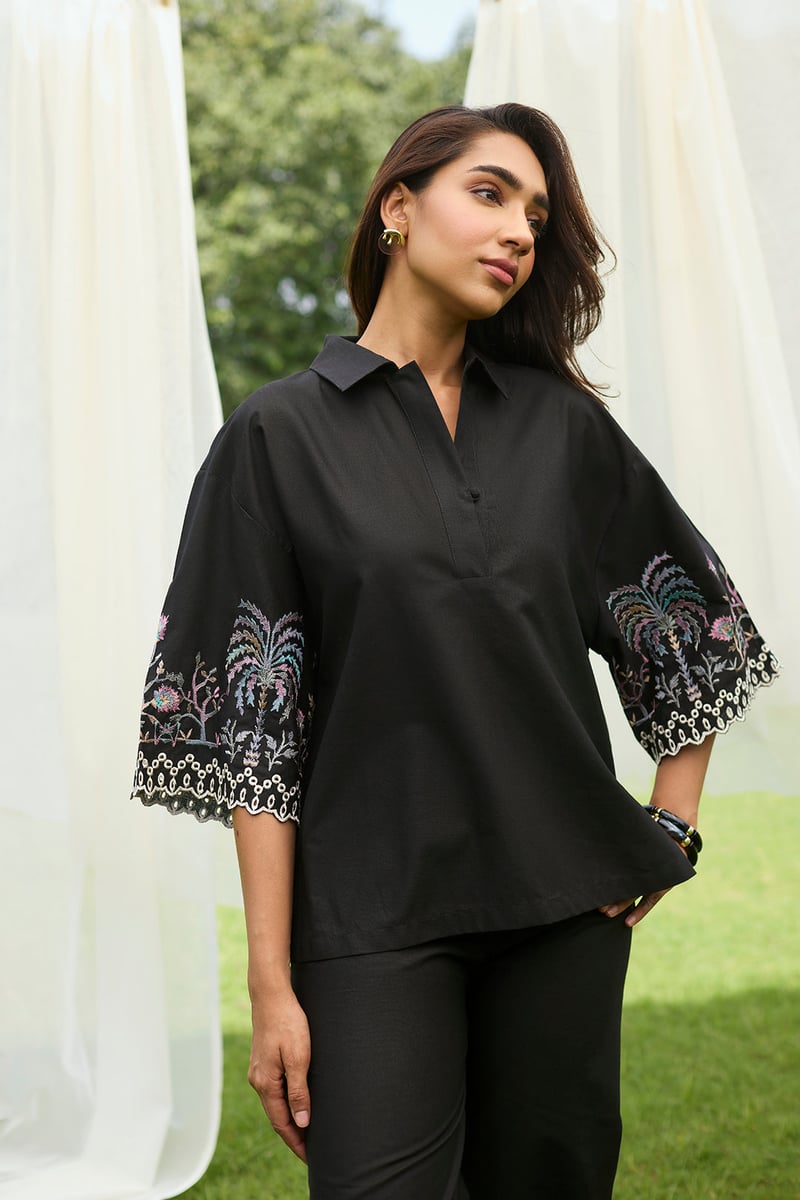 Black Embroidered Co-ord Set with Wide-Leg Pants