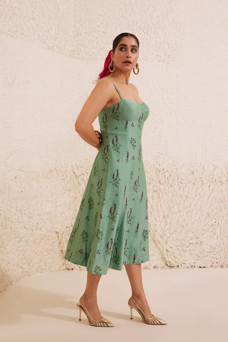 Teal Floral Block Print Chanderi Bustier Midi Dress