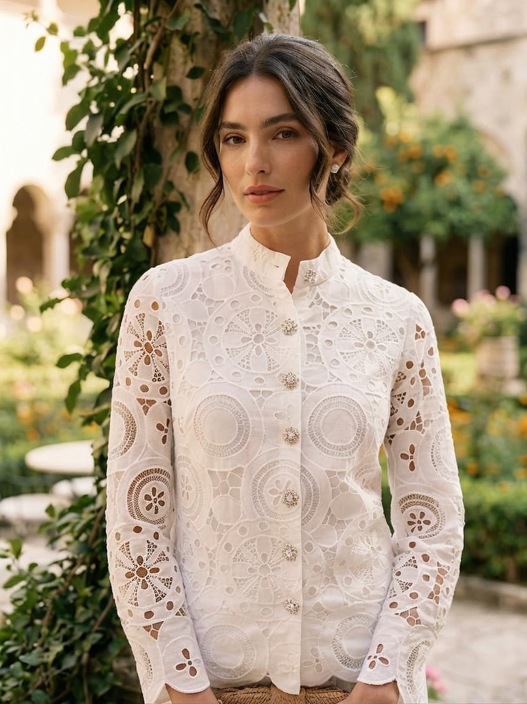 Crystal White Cutwork Tunic and Wide-Leg Pants Co-ord Set