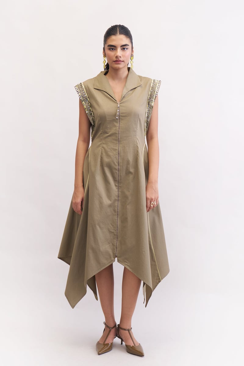 Mushroom Cotton Poplin Zip-Front Fit and Flare Midi Dress