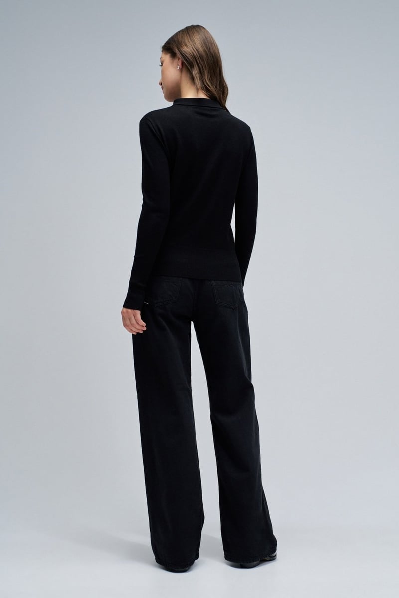 Black Knit Sweater with Pearl Bow Neckline