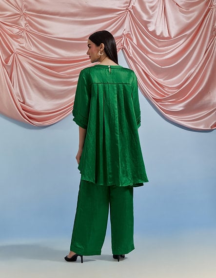 Forest Green Linen Satin Embroidered Top and Trouser Co-ord Set