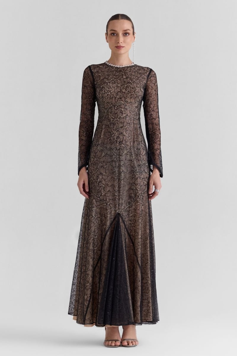 Black Lace Fit and Flare Maxi Dress with Full Sleeves