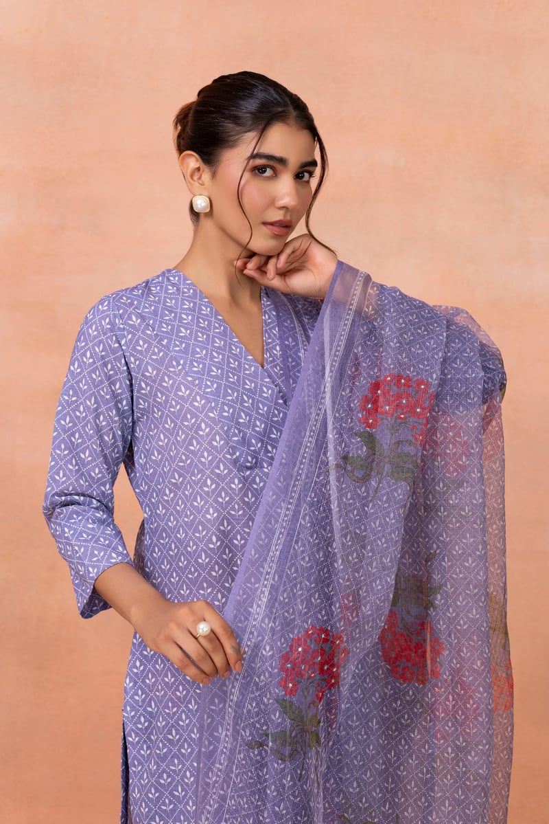 Purple Printed Cotton Kurta Set with Dupatta