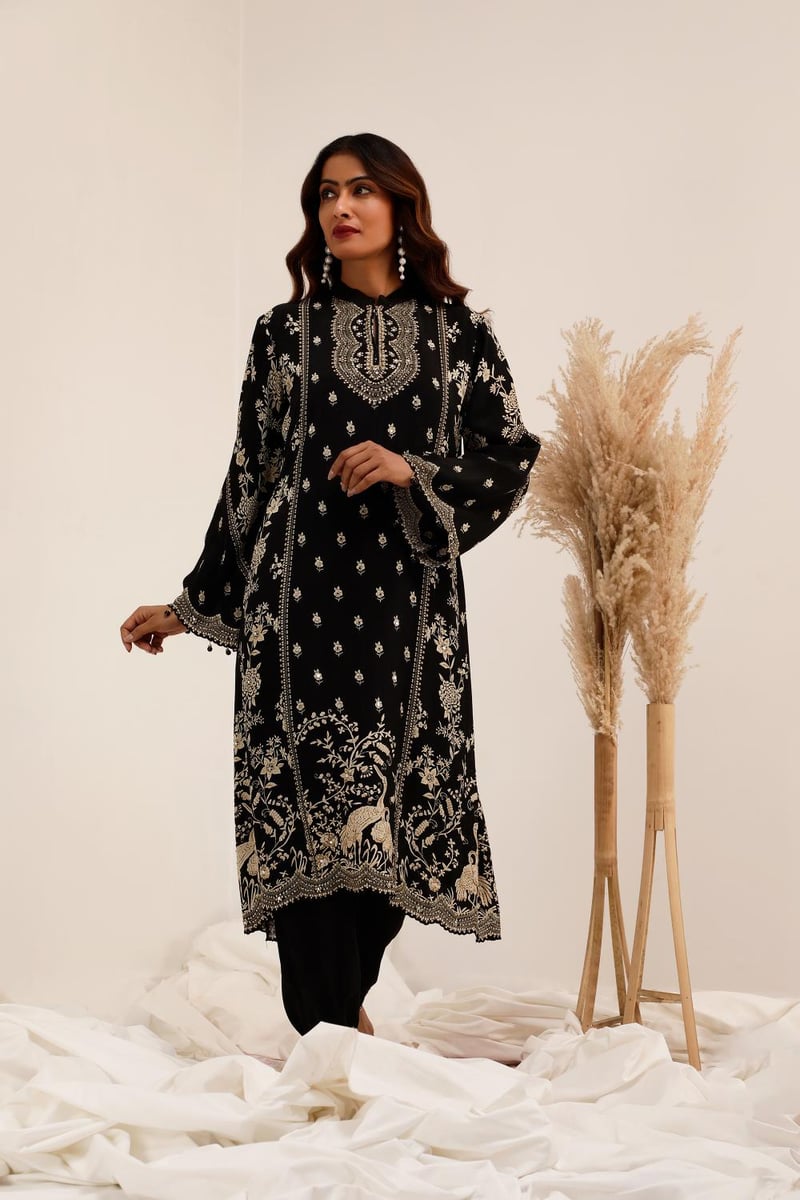 Black Crepe A-Line Kurta Set with Dhoti Pants