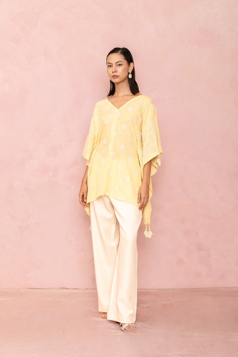 Lemon Yellow Linen Embroidered V-Neck Kaftan Top