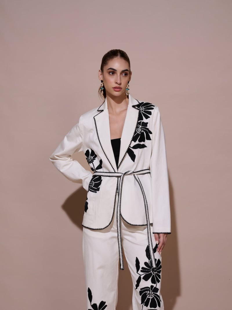 White Belted Embroidered Tailored Blazer