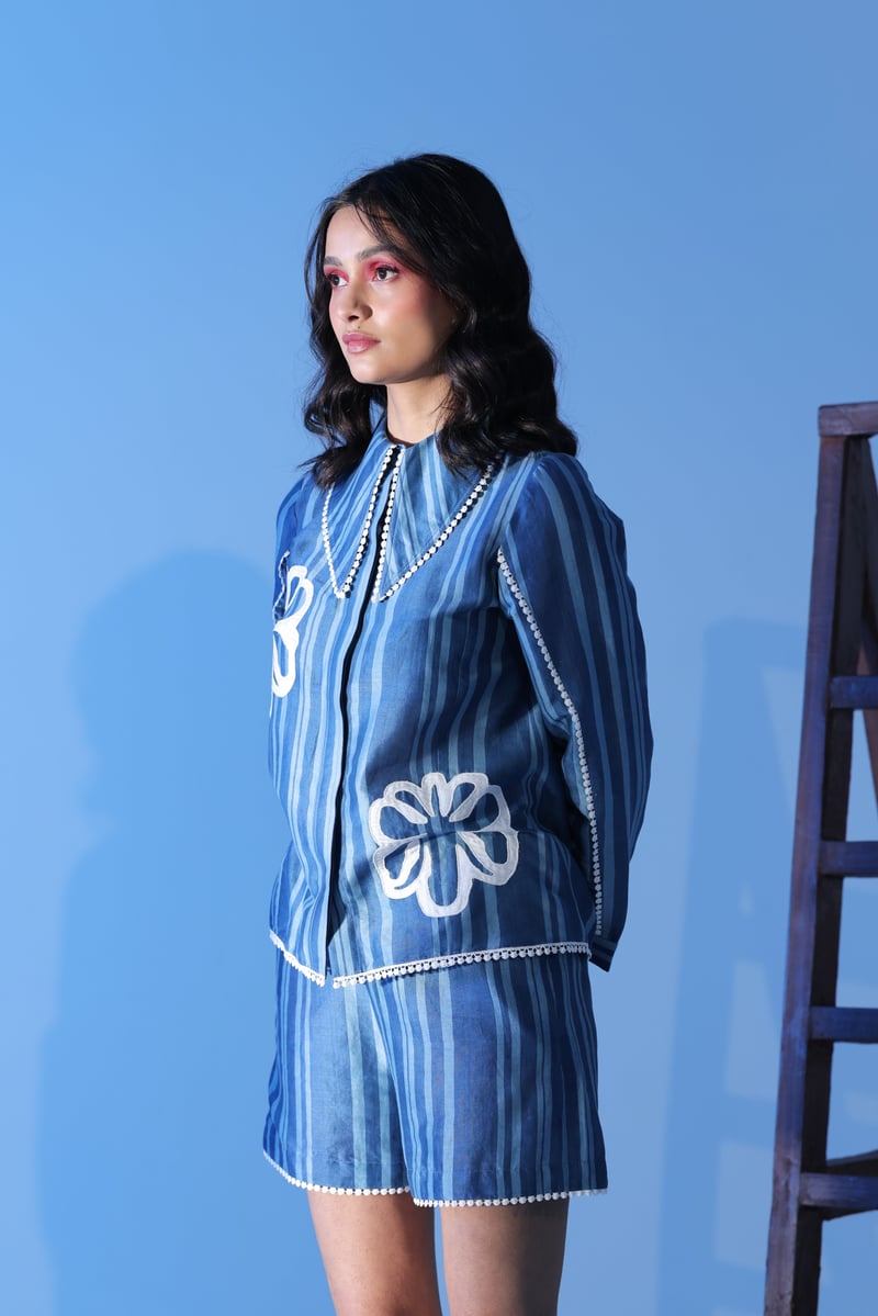 Blue Striped Shirt and Shorts Co-ord Set with Applique