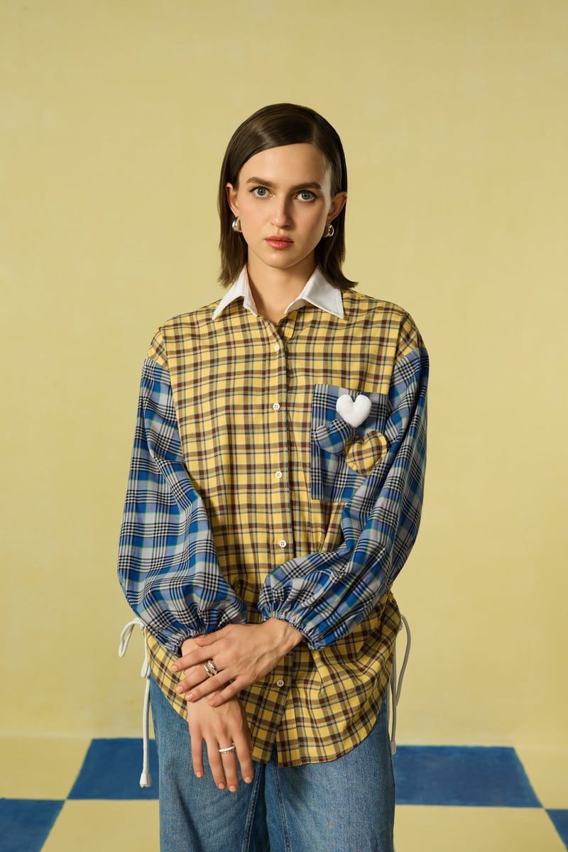 Yellow and Blue Mixed-Check Oversized Shirt