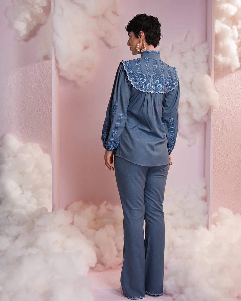 Denim Embroidered Shirt and Flared Pants Co-ord Set