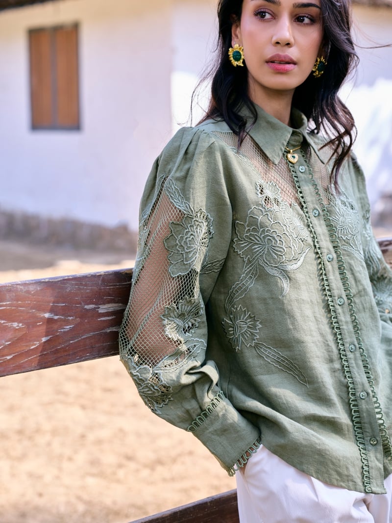 Green Linen Shirt with Sheer Lace Yoke and Sleeves