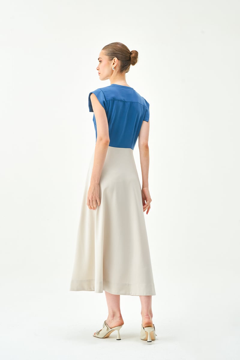 Prussian Blue and Ecru Colorblocked Midi Dress