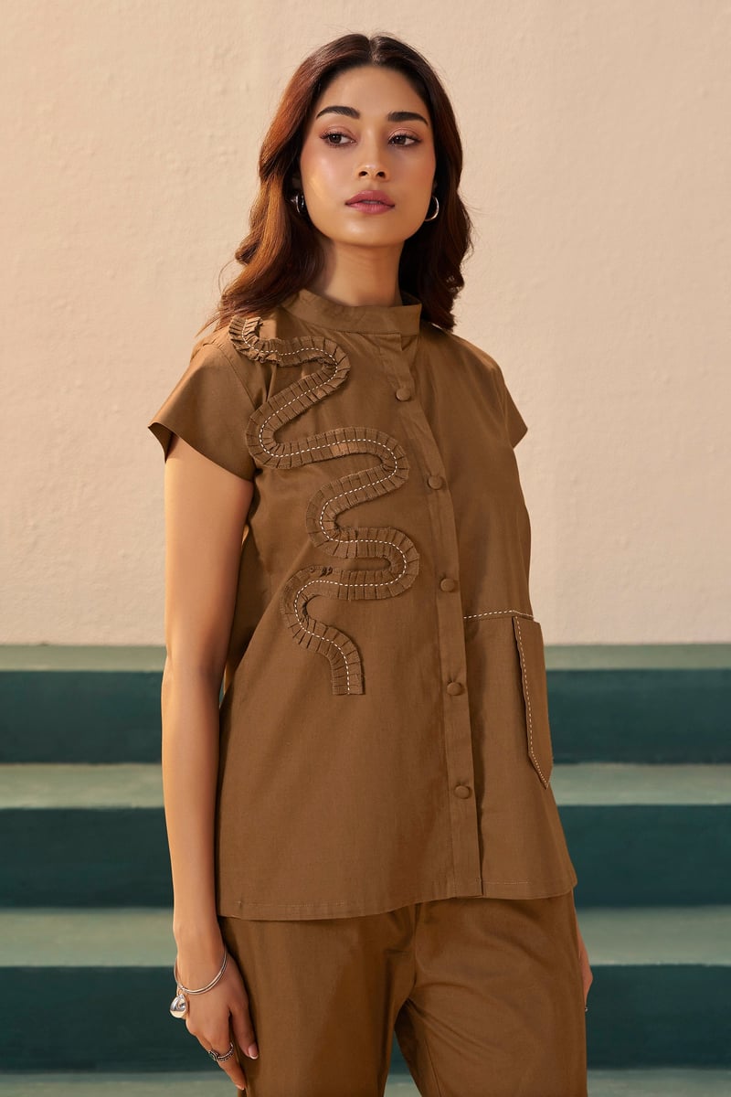 Brown Mandarin Collar Applique Co-ord Set