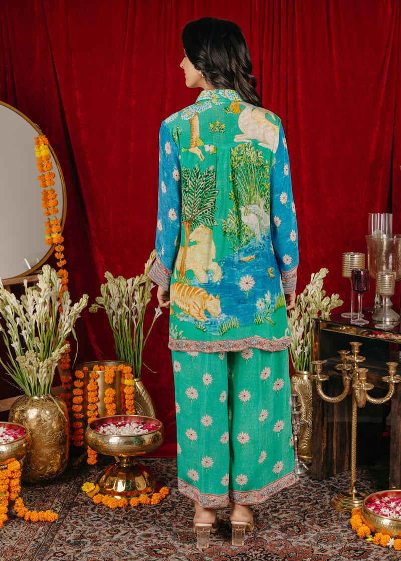 Printed Natural Crepe Shirt and Pants Co-ord Set