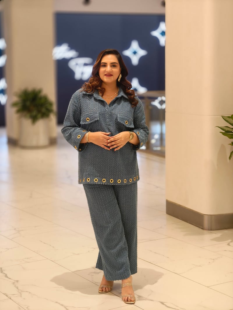 Blue Denim Eyelet Co-ord Set with Flared Pants — Younglings