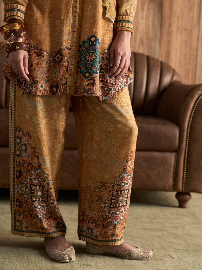 Yellow Printed Collared Co-ord Set with Wide-Leg Pants