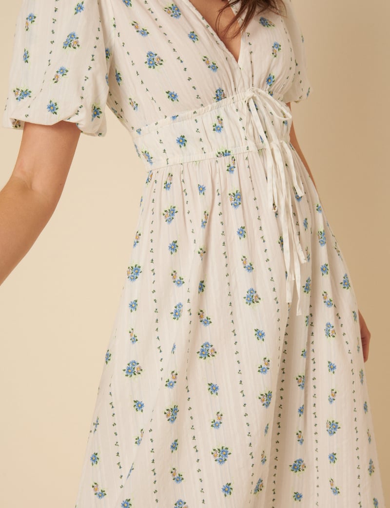 White Floral Fit and Flare Midi Dress with Puff Sleeves