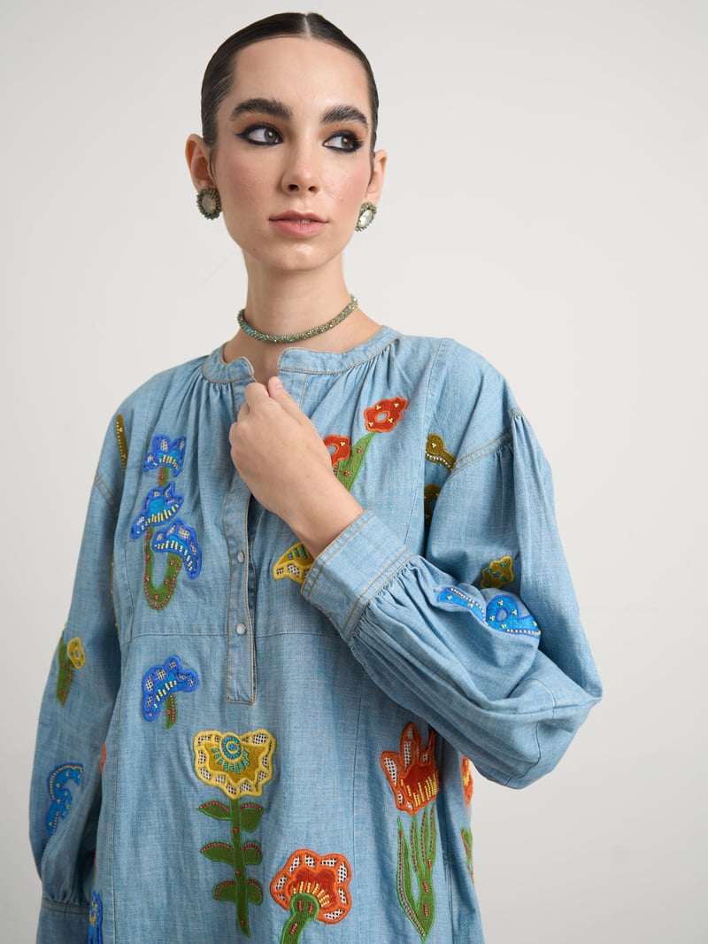 Blue Chambray Straight Knee-Length Dress with Patchwork Motifs