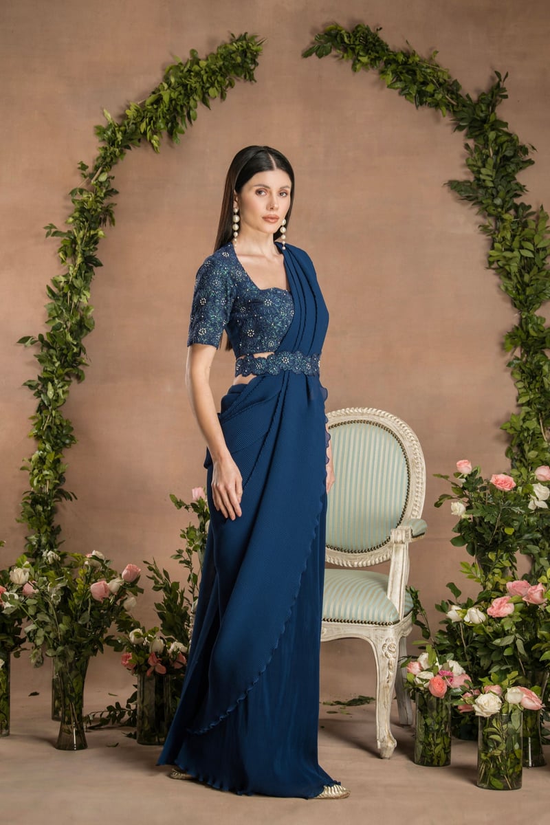 Navy Blue Pre-Draped Pleated Georgette Saree Set
