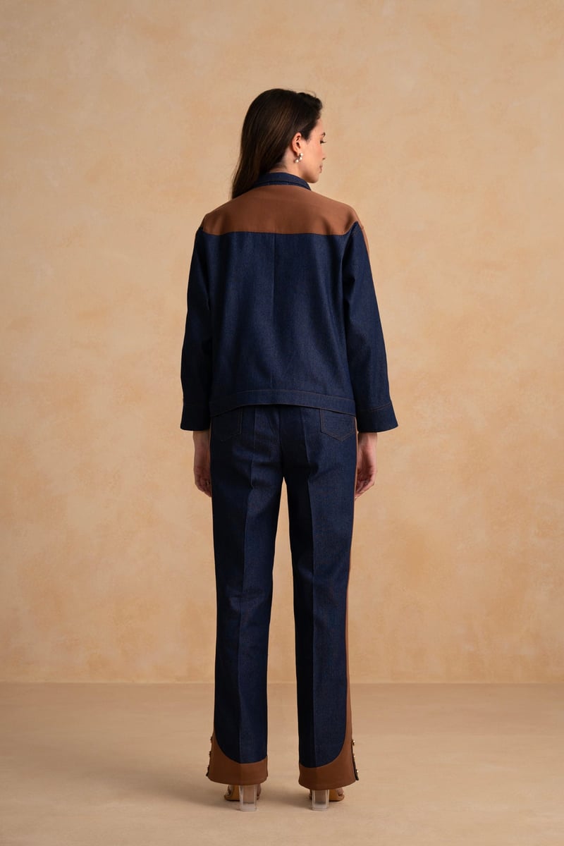 Indigo Denim and Tan Suede Colorblock Co-ord Set