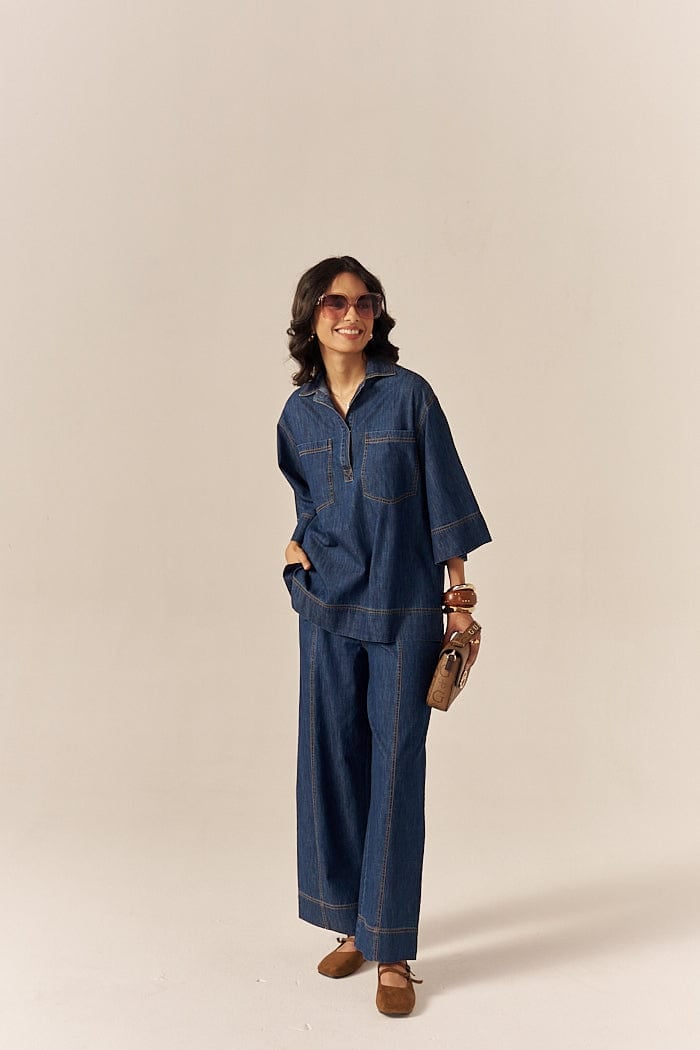 Blue Denim Shirt and Flared Pants Co-ord Set