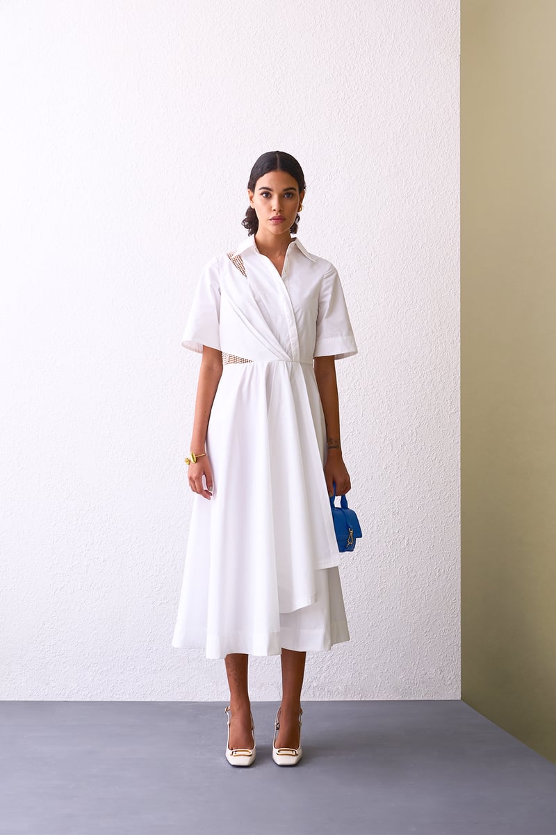 White Asymmetrical Shirt Dress with Pearl Cut-Outs