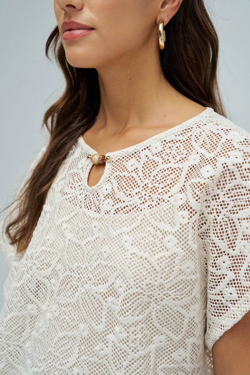 Light Beige Crochet T-Shirt with Keyhole Neck Detail