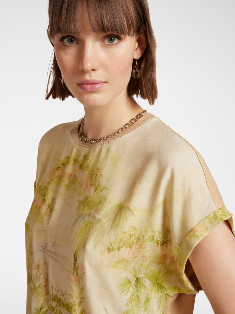 Beige Scenic Abstract Print Relaxed-Fit Boxy Top