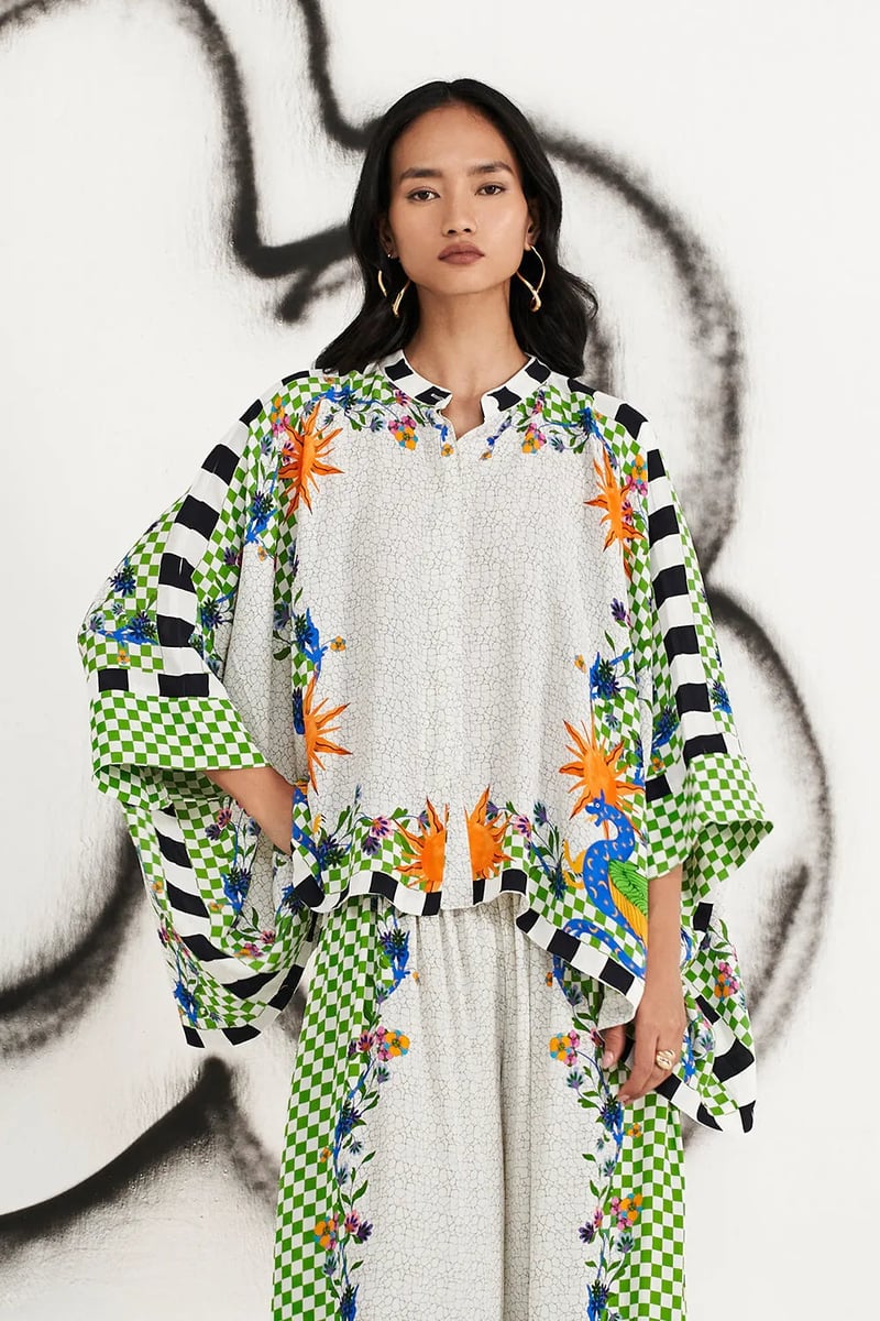 Ivory Printed Cape Top and Wide-Leg Pants Co-ord Set