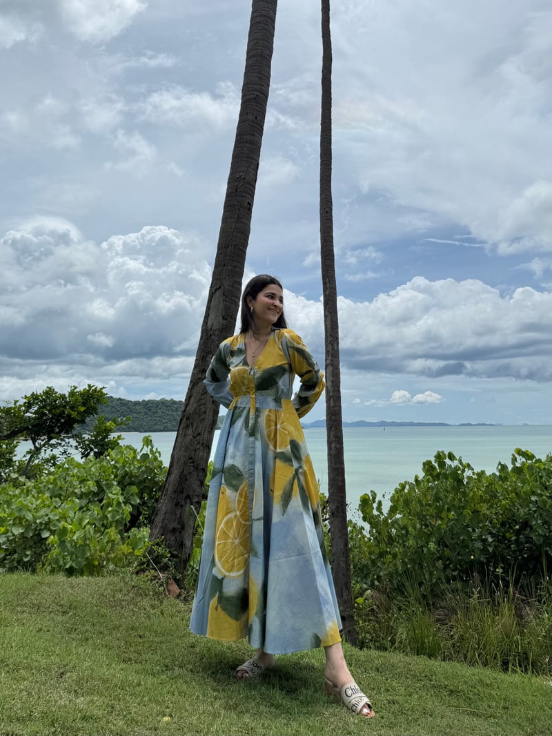 Blue Citrus Print Cotton Fit and Flare Maxi Dress