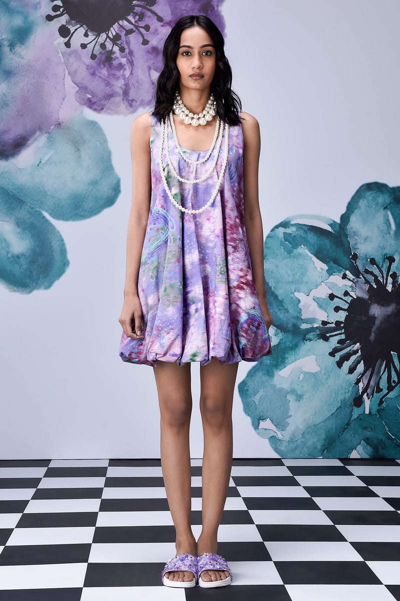 Lavender Abstract Print Mini Balloon Dress in Giza Cotton