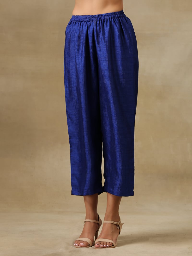 Blue Textured V-Neck Puff Sleeve Kurta Pant Set